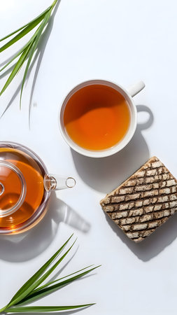 A minimalist tea break with a mug, glass teapot, and healthy snack on a white surfaceの素材