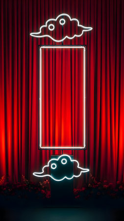 Glowing neon cloud shapes frame a bright rectangular sign against a vivid red stage curtainの素材