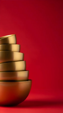 A stunning stack of nested golden bowls creates an elegant silhouette against a vibrant red backgroundの素材