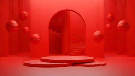 Vibrant red abstract geometric room with hanging lanterns and tiered podium for displayの素材