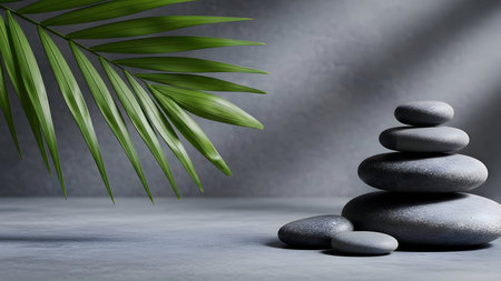 Balanced stack of grey stones next to a vibrant green leaf, symbolizing peace and harmonyの素材
