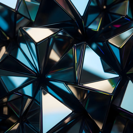 Abstract close-up of shiny black triangular facets with blue reflectionsの素材