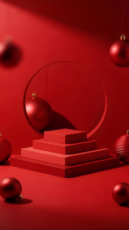 Red christmas display with geometric podium and ornaments in a monochromatic studio setting.の素材