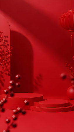 Festive red podium with lantern and berries for chinese new year product showcaseの素材