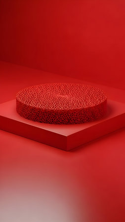Red circular podium with intricate texture on a square platform for product showcaseの素材