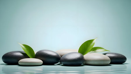 A serene arrangement of spa stones and vibrant green leaves on a reflective surfaceの素材
