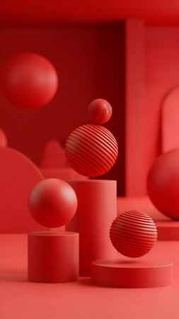 Abstract red geometric composition with floating spheres and cylindrical pedestalsの素材
