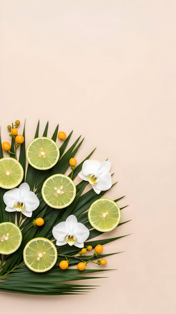 Vibrant summer flat lay featuring fresh lime slices, delicate white orchids, and palm leavesの素材