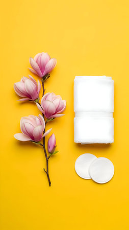 Pink magnolia flower branch next to white cotton pads on a bright yellow backdropの素材