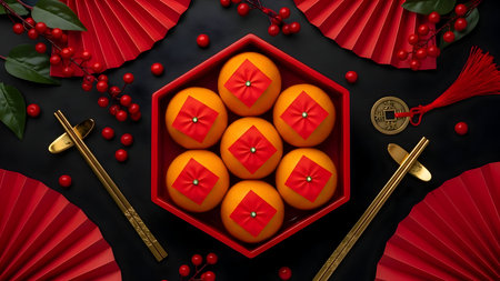 A festive flat lay showcasing traditional chinese new year symbols with oranges and red decorations.の素材