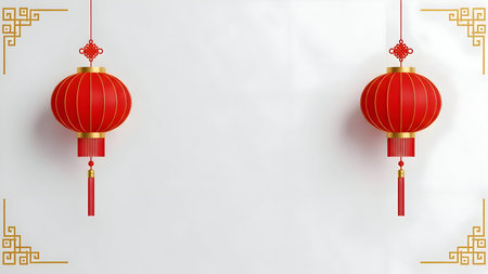 Symmetrical red chinese new year lanterns with gold details on a light backgroundの素材