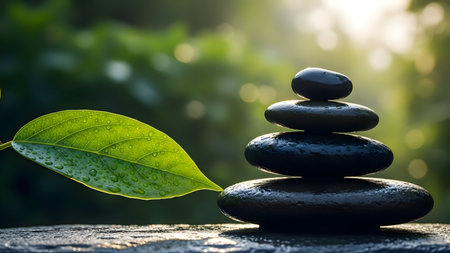 Zen stones balanced near a vibrant green leaf with glistening water dropletsの素材