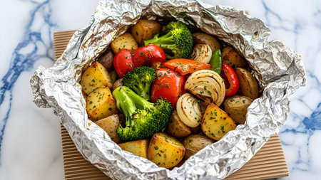 Healthy food delivery concept. Take away of baked vegetables in foil boxle background, health meal prep, measuring health-care, Fresh vegetable salad and healthy foodの素材