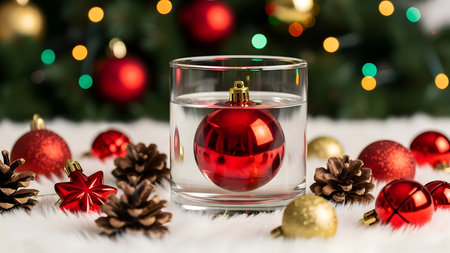 Christmas baubles in a glass with bokeh background. Spa wellness background, health spa wellbeing, wellbeing healthy lifestyle, wellness product, beauty Background, yoga backgroundの素材
