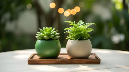 Plants in vase on wooden table with bokeh backgroundの素材