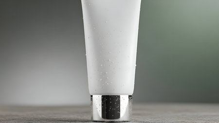 Cosmetic cream bottle with water drops on grey background. 3d illustrationの素材