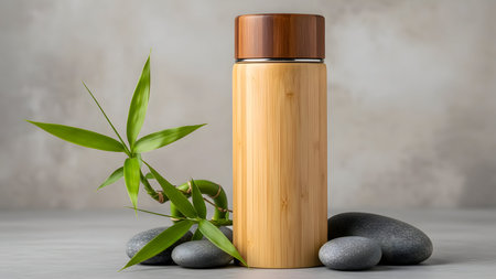 Wooden flask with bamboo leaves on gray stone background. Mock up, 3D Rendering, Beauty treatment items for spa, yoga background, wellbeing spa product, health spa wellbeing,の素材