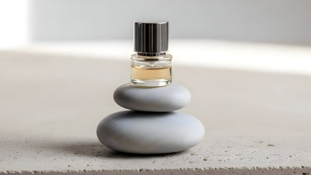 perfume bottle on a white background with pebbles. Spa wellness background, health spa wellbeing, wellbeing healthy lifestyle, wellness product, beauty Background, yoga backgroundの素材