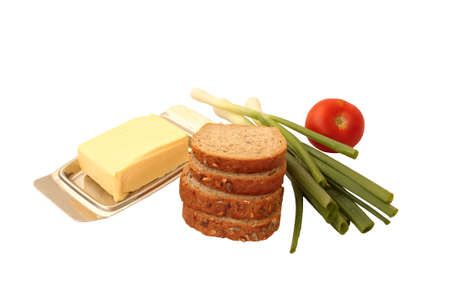 Natural form foods, tomato, butter, onion, breadの写真素材