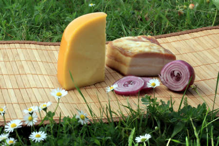 Traditional picnic breakfast, cheese, onion, baconの写真素材