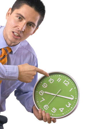 Businessman is angry, because somebody is not on time Isolated on white.の写真素材
