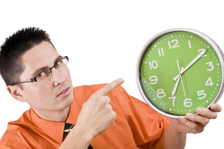 Businessman is angry, because somebody is not on time Isolated on white.の写真素材