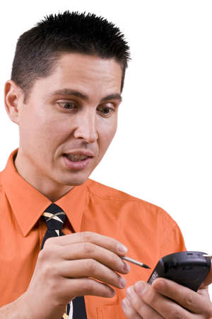 business man with a PDA in hand isolated in white backgroundの写真素材