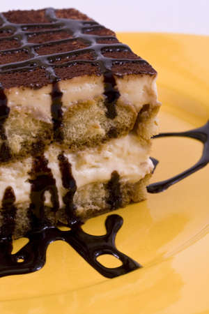 Delicious chocolate dessert in theyellow backgroundの写真素材