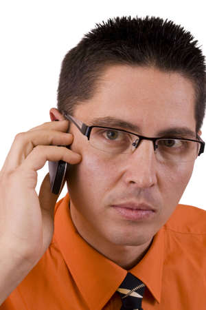 man with a  phone in hand isolated in white backgroundの写真素材