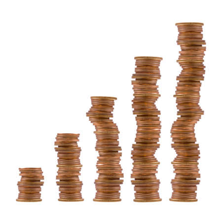 five stacks of coins isolated on white. growth concept 