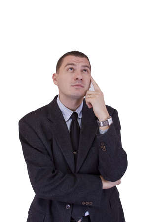 young business man contemplating over white backgroundの写真素材