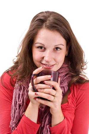 smiling woman with cup of hot-somethingの写真素材