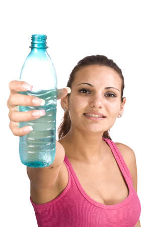 beautiful woman with bottle of water over white の写真素材
