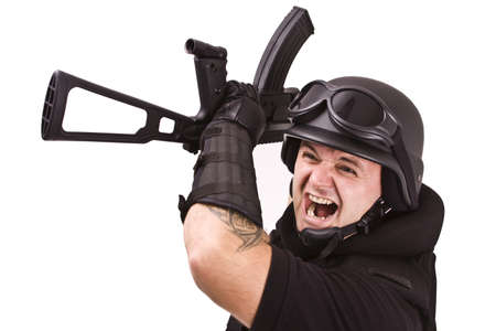 military soldier fighting to enemy, isolated in whiteの写真素材