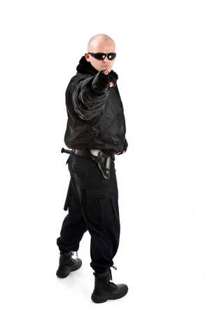 Man in black suit in sun glasses. Isolated on white background の写真素材