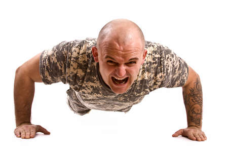 military man exercise isolated in white