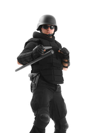 military soldier fighting to enemy, isolated in whiteの写真素材