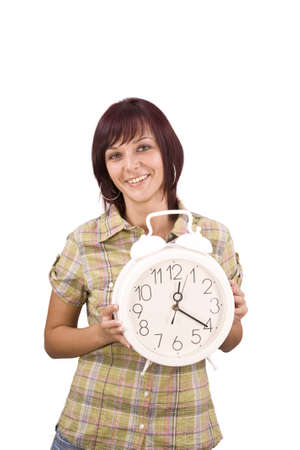 Woman holding clock, in white backgroundの写真素材
