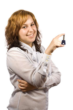 picture of happy woman with key over whiteの写真素材