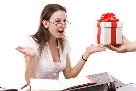 Girl take a gift , on white backgroundの写真素材