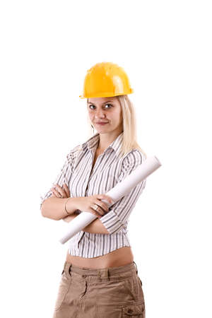Female architect holding blueprints isolated in whiteの写真素材