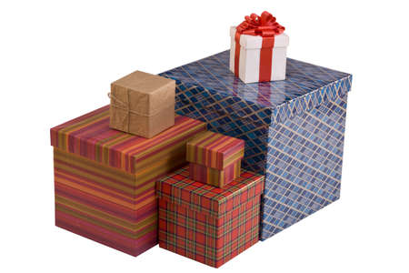 Colorful gift boxes isolated on white background の写真素材