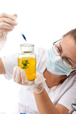 Scientist woman pouring chemicals in a laboratory の写真素材