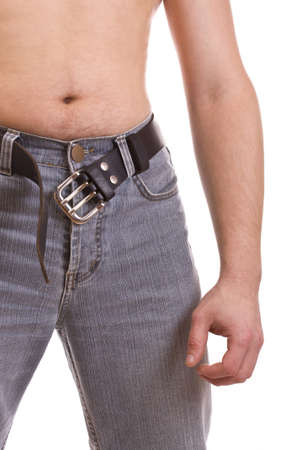 Man's body in jeans, croped image isolated on white background の写真素材
