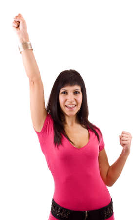Portrait of happy young woman showing a happy gesture on white background の写真素材