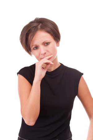 Portrait of young woman thinking, isolated on whiteの写真素材