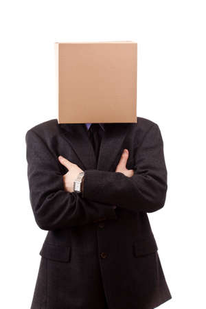 Businessman with a brown box on his headの写真素材
