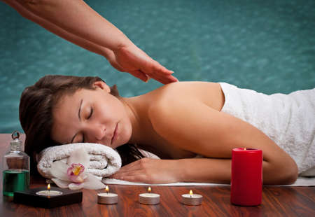 portrait of young beautiful woman in spa environment の写真素材