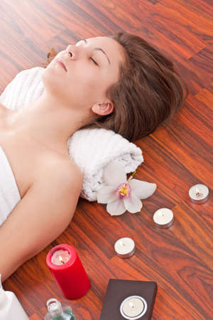 portrait of young beautiful woman in spa environment の写真素材