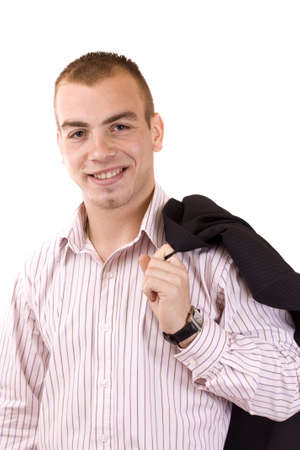 Portrait of a smiling young businessman standing against isolated white background の写真素材